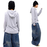 ベーシックヘンリーネックフード付き長袖Tシャツ
