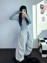 FLEECE❤SIDE SHIRRING STRIPE CROPPED LONG SLEEVE T SHIRT 🧸🤎🩶🩵3COLOR
