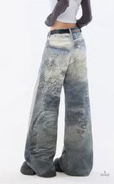 Hand-Painted Distressed High-Waisted Wide-Leg Jeans