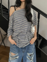 Multi stripe strap off-shoulder short sleeve