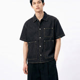 Oversized Pocket Short-Sleeve Denim Shirt Black