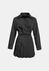 Wrap Collar Pleats Mini Dress