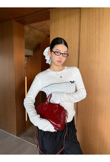 Bow Line Round Long Sleeve Knit T-shirt