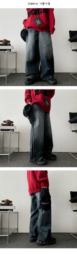 [Fleece lining]linen hem snapwashed wide denim pants-3 Tier Length