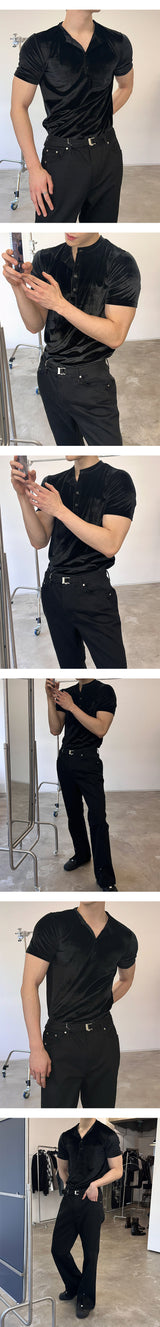 [MUSCLE FIT] ベルベットゴルジヘンリーネックハーフTシャツ