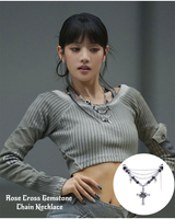 [TWICE MOMO, BABY MONSTER ASA ,(G)I-DLE MINNIE Pick] Rose Cross Gemstone Chain Necklace  