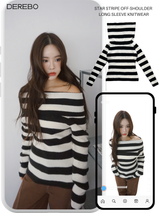 Star Stripe Off-Shoulder Long Sleeve Knitwear