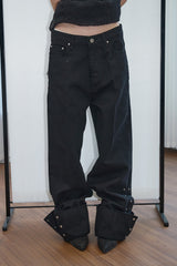 Snap Button Detail Slit Pants (Black/2size)