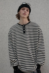 ストライプヘンリーネックTシャツ - Black