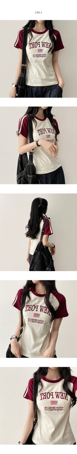 Raffin embroidered 2本ラインカラーラグラン半袖Tシャツ
