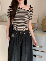 Border Ribbon Off Shoulder Short Sleeve T-Shirt (2color)