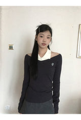 カラードワイドVネック長袖ニットTシャツ