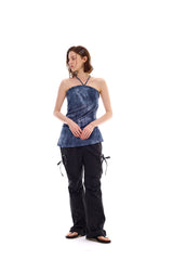 POCKET PRINTING HALTERNECK DRESS / BLUE