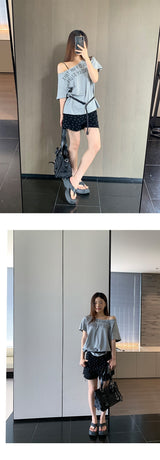 Black dot denim short pants
