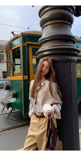 French checkered pocket loose fit long-sleeved shirt