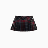 IN STOCK | MINGA PLAID PLEATED MINI SKIRT – DARK RED AND NAVY CHECKERED PATTERN