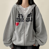 Hearts Heart Reverse Lettering Overfit Hooded Zip-Up