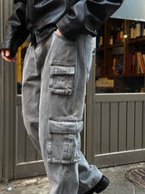 Grey washed multi cargo pants