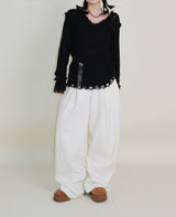 ラバーVネックダメージカットポイント長袖ニット (wool material)
