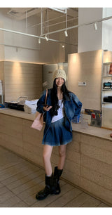 denim loose fit collar zip-up jacket two-piece (skirt set)