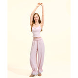 [GirlyFancyClub] Pink Tencel Linen Pants for Women Lazy Comfortable Dual-Wear Elastic Waist Straight Leg Carrot Pants