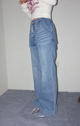 WRAP LAYERED BOOTS CUT DENIM PANTS