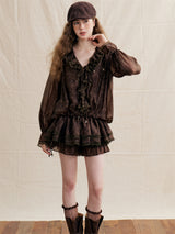 Unique Flare Wave Stripe Punched Drape Shirt Short Pants Set