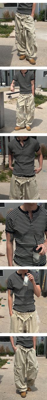 [Slim Fit] ストライプヘンリーネックハーフニットTシャツ(3color)