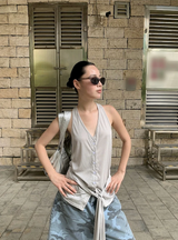 オートミール ルーズ ホルターネック ストラップ ノースリーブ Tシャツ