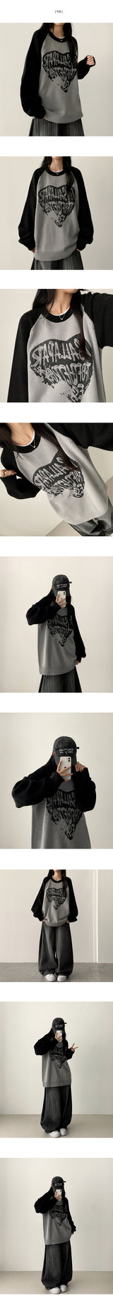 Duka heart color matching Nagrang boxy fit round knit