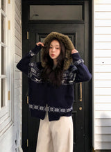 Nordic Fur Hood Knit Zip-up (2color)