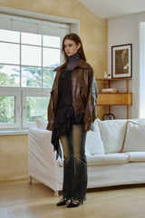 PAMELA LEATHER BOMBER JACKET / BROWN