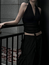 halterneck mesh shirring top