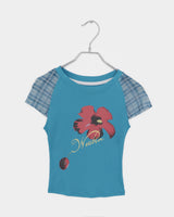 ハーフピンフラワープリンテッドブルーショートスリーブTシャツ