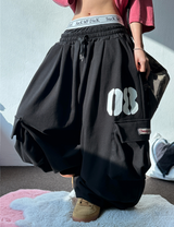 ナンバーリングパッチスウェットバルーンルーズワイドカーゴパンツ🩵🩶🖤 - 3 カラーズ