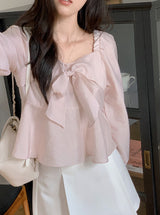 #Fairy Ribbon Puff Long Sleeve Blouse (4color)
