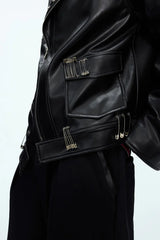 Pin Detail Geisha Print Leather Jacket