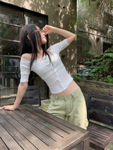 フラワーツーピースオフショルダーボタンショートスリーブTシャツ