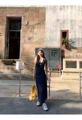 Navy Halterneck Flower Long Dress