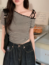 Border Ribbon Off Shoulder Short Sleeve T-Shirt (2color)