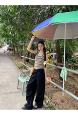 Lace Black Side Shirring Casual Pants