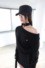 [ID] Logo Off-Shoulder Sweatshirt (Choker Set) (Black)