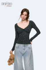Blue Floral Deep V Long Sleeve T-shirt