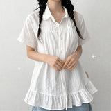 Pintuck Frill Collar Short Sleeve Blouse (1 color)