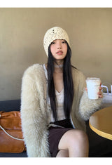 Pearl V-neck loose fit fur cardigan