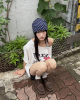 ウェットオーバーサイズフィット オフショルダープリント半袖Tシャツ