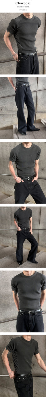[MUSCLE FIT] Pigment mesh golgi half knit t-shirts(4color)