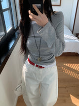 Milky Unbalance Off-Shoulder Boatneck Shirring Long Sleeve T 