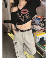 リップオフショルダー半袖Tシャツ(2color)