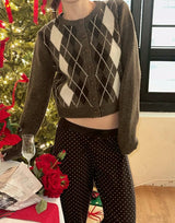 [F/W] Argyle round neck crop cardigan(3color)